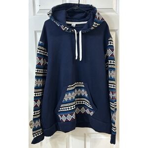 ANKAS Art Navy Ecuador Hoodie XXL WoolCotton Aztec Tribal Southwest Pullover EUC